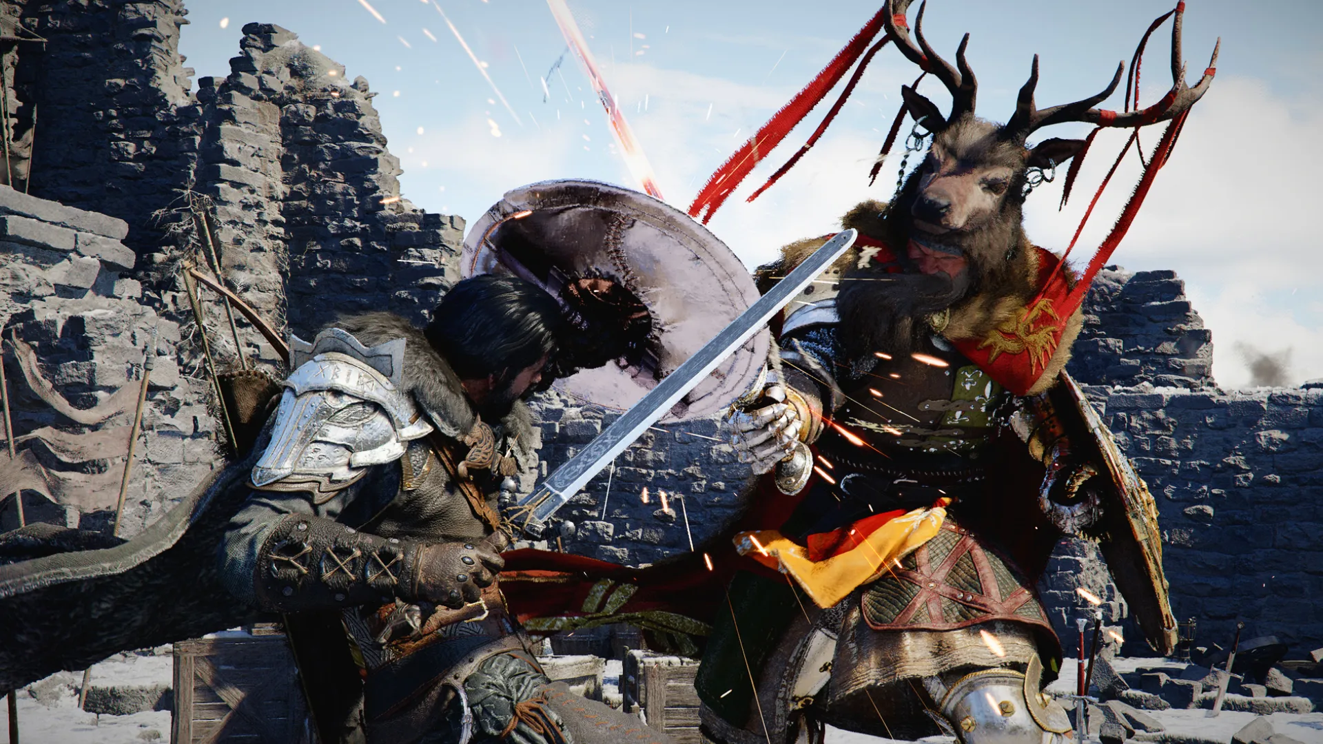 The image displays 2 Crimson Desert characters fighting. The background shows old castle ruins, and firey effects from the weapons clashing are between the protagonist and an enemy wearing a deer hat.