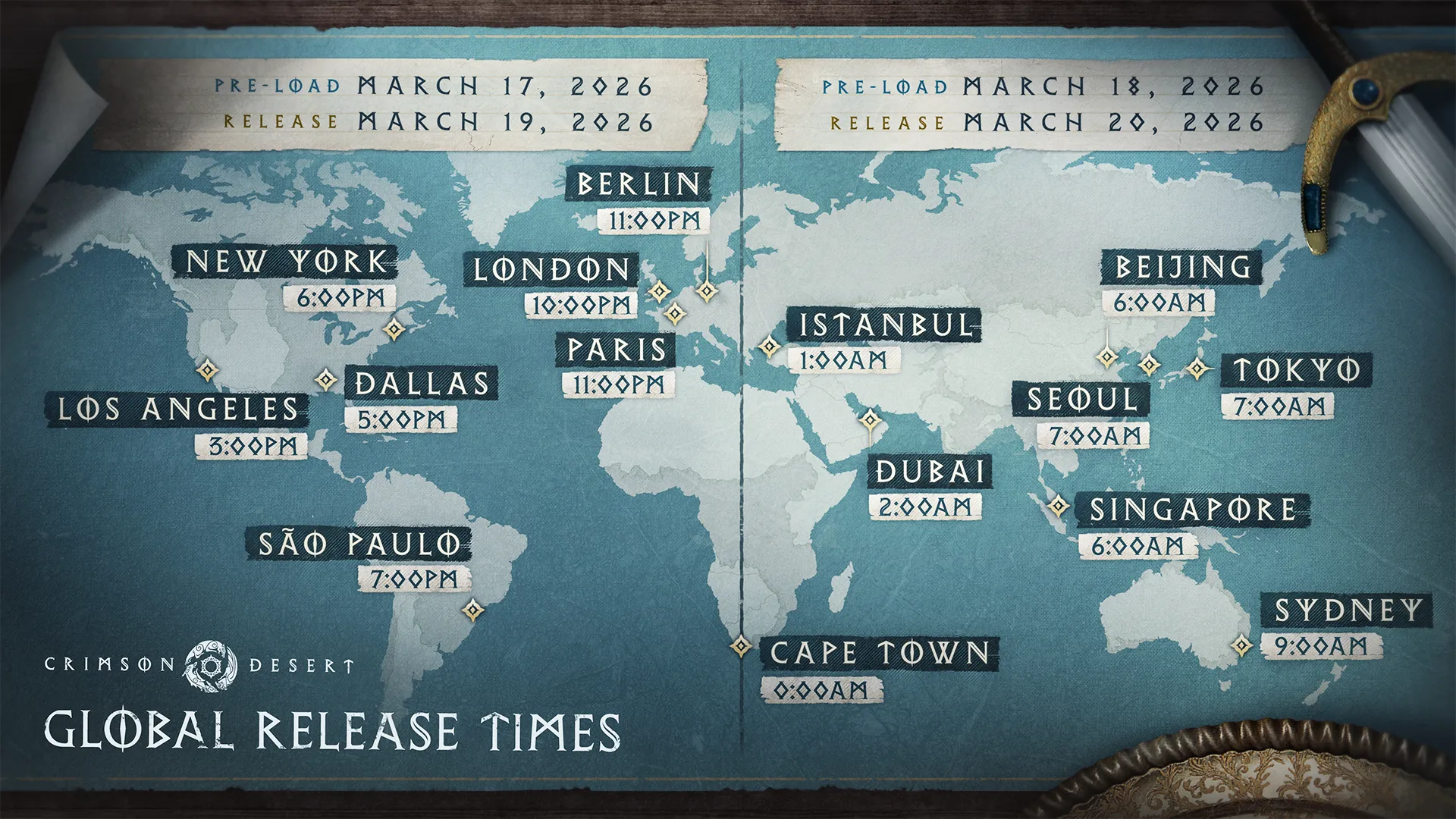 A world map infographic titled CRIMSON DESERT GLOBAL RELEASE TIMES shows launch schedules across various cities. The map is divided into two main regions by a vertical line, featuring a parchment texture with fantasy elements like a sword hilt and shield visible at the edges. Regional Schedules West (Pre-load March 17, Release March 19): Los Angeles: 3:00 PM Dallas: 5:00 PM New York: 6:00 PM Sao Paulo: 7:00 PM London: 10:00 PM Paris / Berlin: 11:00 PM Cape Town: 0:00 AM (Midnight) East (Pre-load March 18, Release March 20): Istanbul: 1:00 AM Dubai: 2:00 AM Beijing / Singapore: 6:00 AM Seoul / Tokyo: 7:00 AM Sydney: 9:00 AM The Crimson Desert logo is at the bottom left, and the text is styled in a decorative, rune-inspired font.