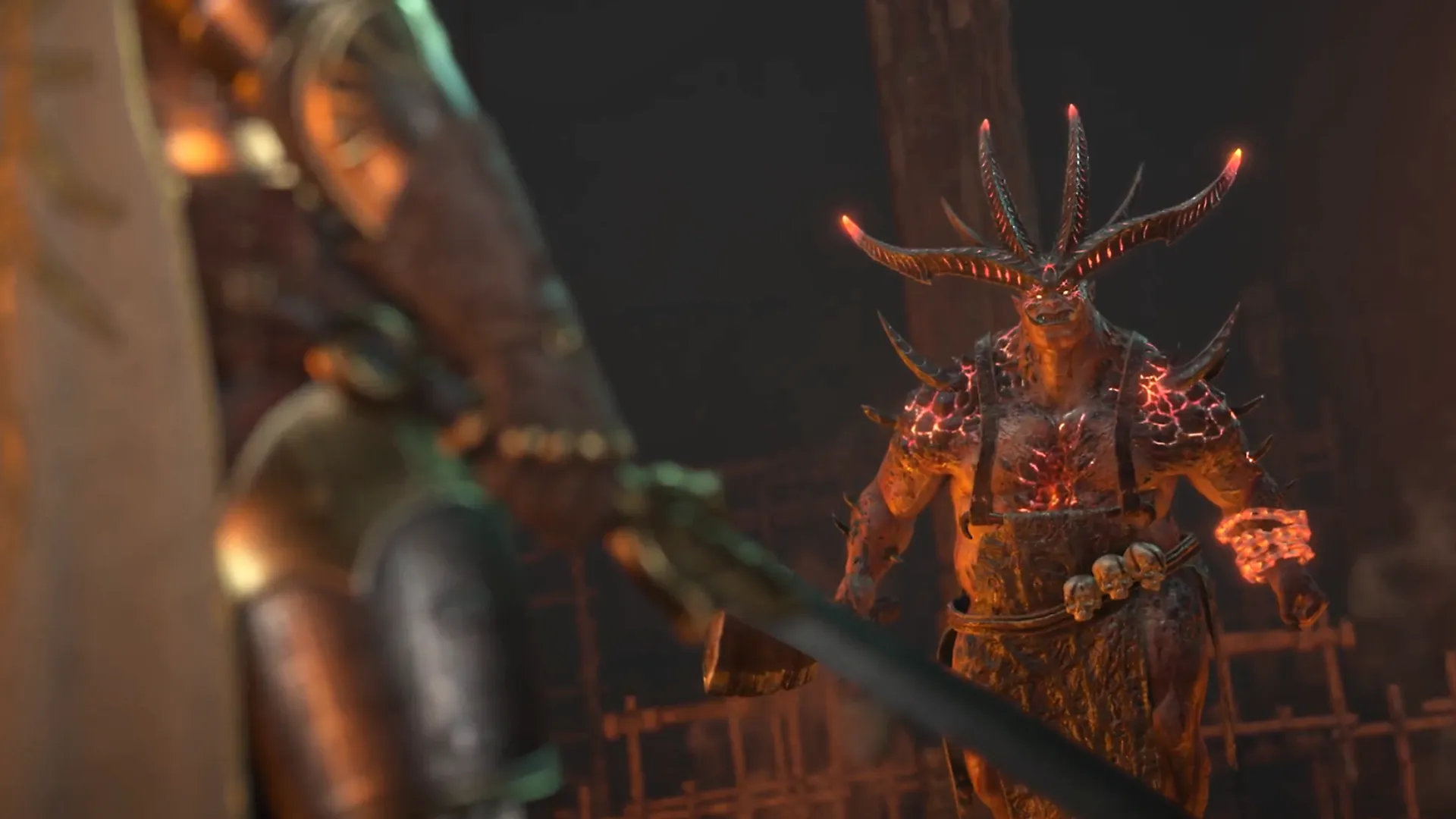 Diablo 4 Butcher walking towards a plate wearing class, the atmosphere is intense.