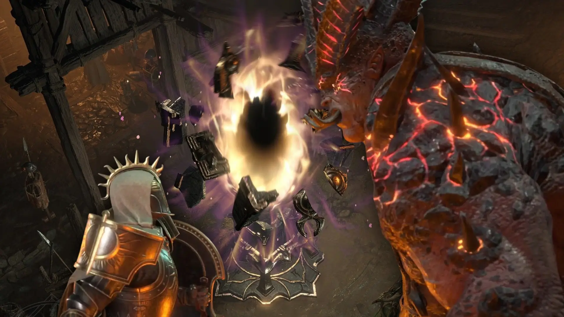 Diablo 4 The Butcher and Paladin facing in front of the pit