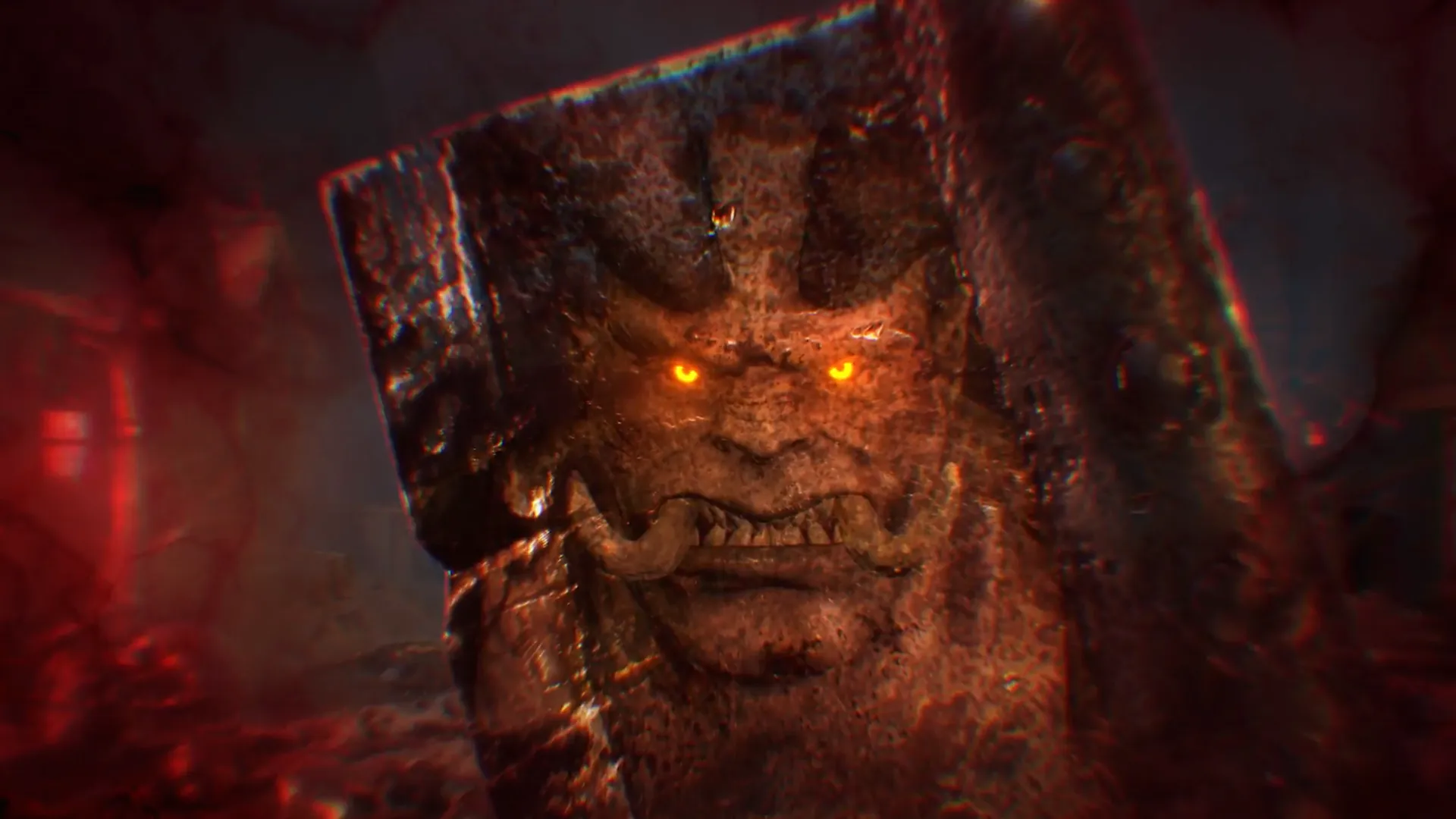 A reflection of the Butcher, staring at a shiny axe, seeing his own reflection in Diablo 4. The rest of the image is dark, with grunge background.