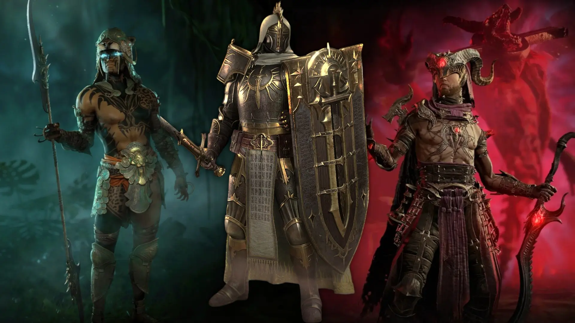 Spiritborn, Paladin, Warlock character class renders of Diablo 4