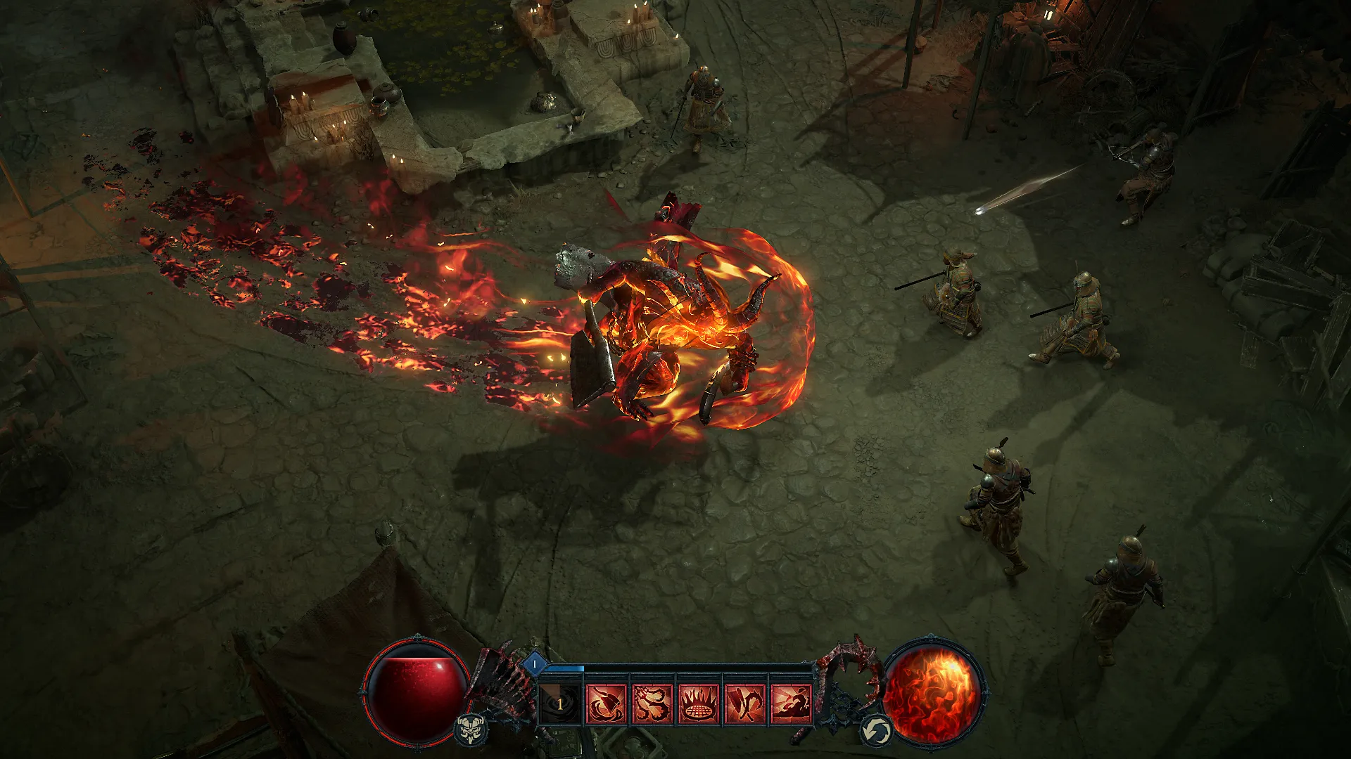 Diablo 4 Season 12 gameplay image of the Butcher, running around in town, surrounded by a fiery aura. The bottom of the image displays the skill bar, showing different Butcher (non-player) abilities.