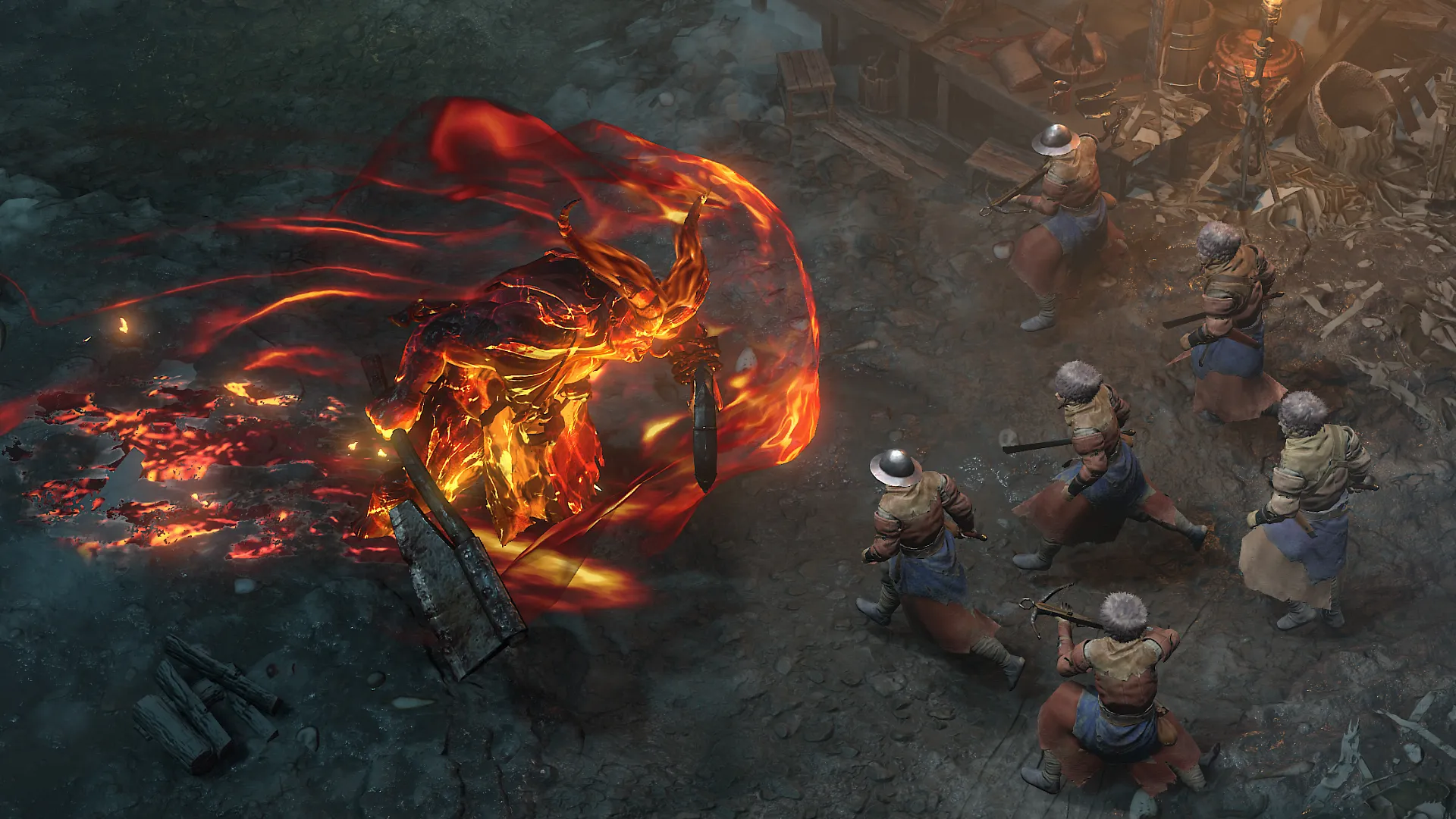 The image displays Diablo 4 Season 12 gameplay of the Butcher, surrounded by a firey aura, charging into NPC townsfolk.
