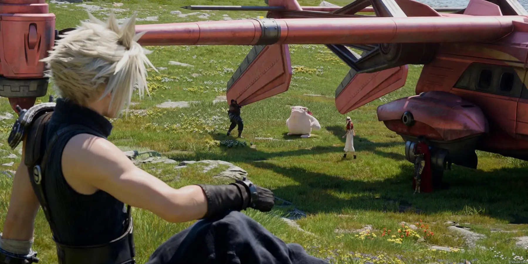 Cloud Strife looking at Aerith in a cinematic cutscene of Final Fantasy 7 Rebirth