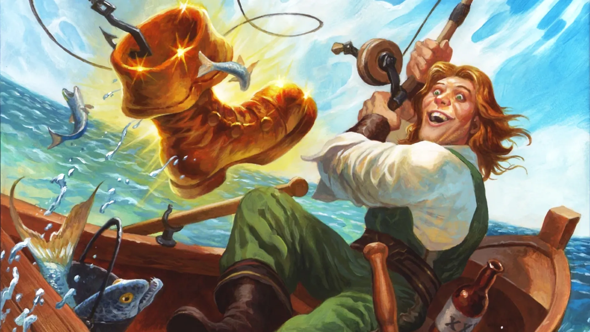 Image displaying a human male character in a small boat, fishing something out of the water. The art is colorful and happy, and is an official image of a card in Hearthstone, relating to World of Warcraft.