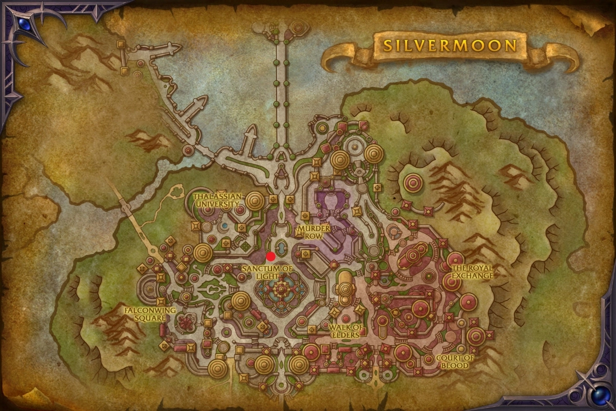 a map of silvermoon city with the location for Hesta Forlath and Corlen Hordralin marked on