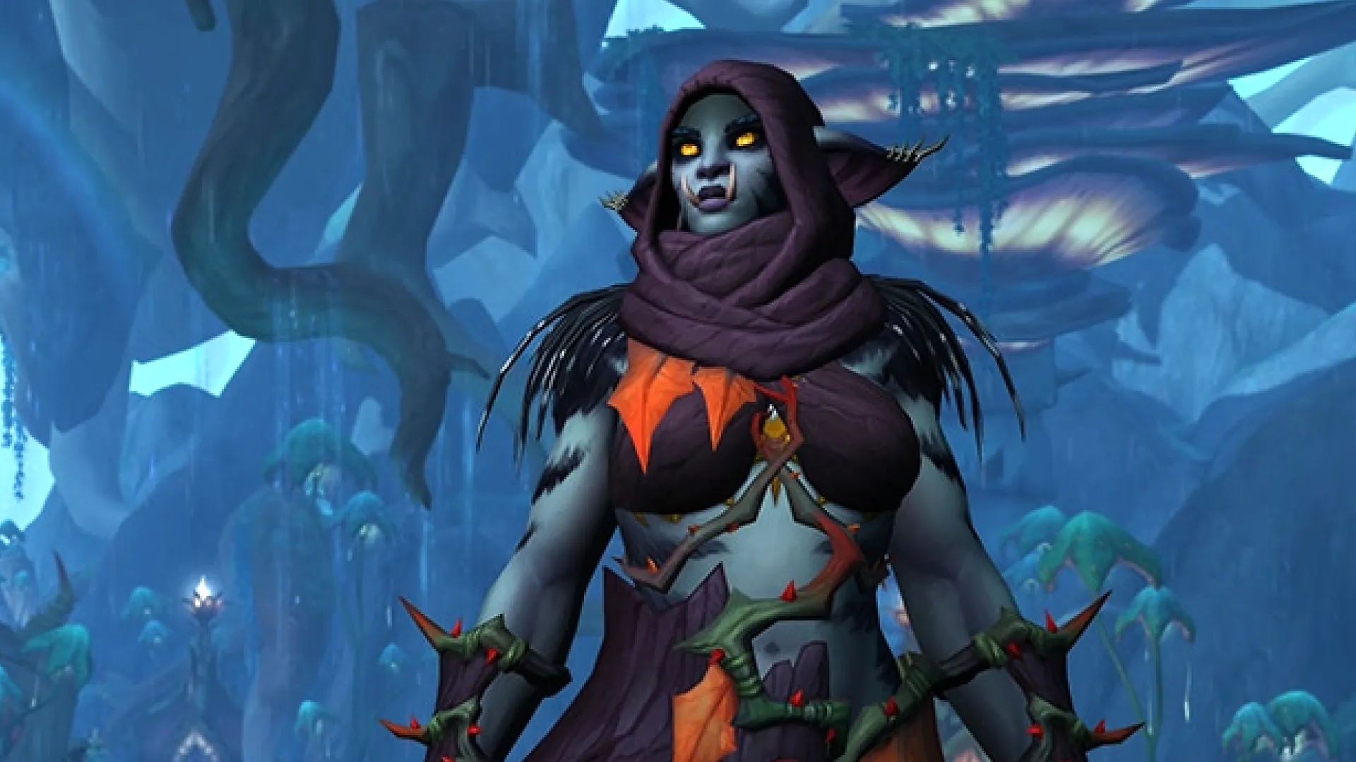 Haranir Druid Like Character appearing to look into the distance, with the big lush forests of Harandar in the background. The image shows a mysterious portrait of the new race in World of Warcraft: Midnight.