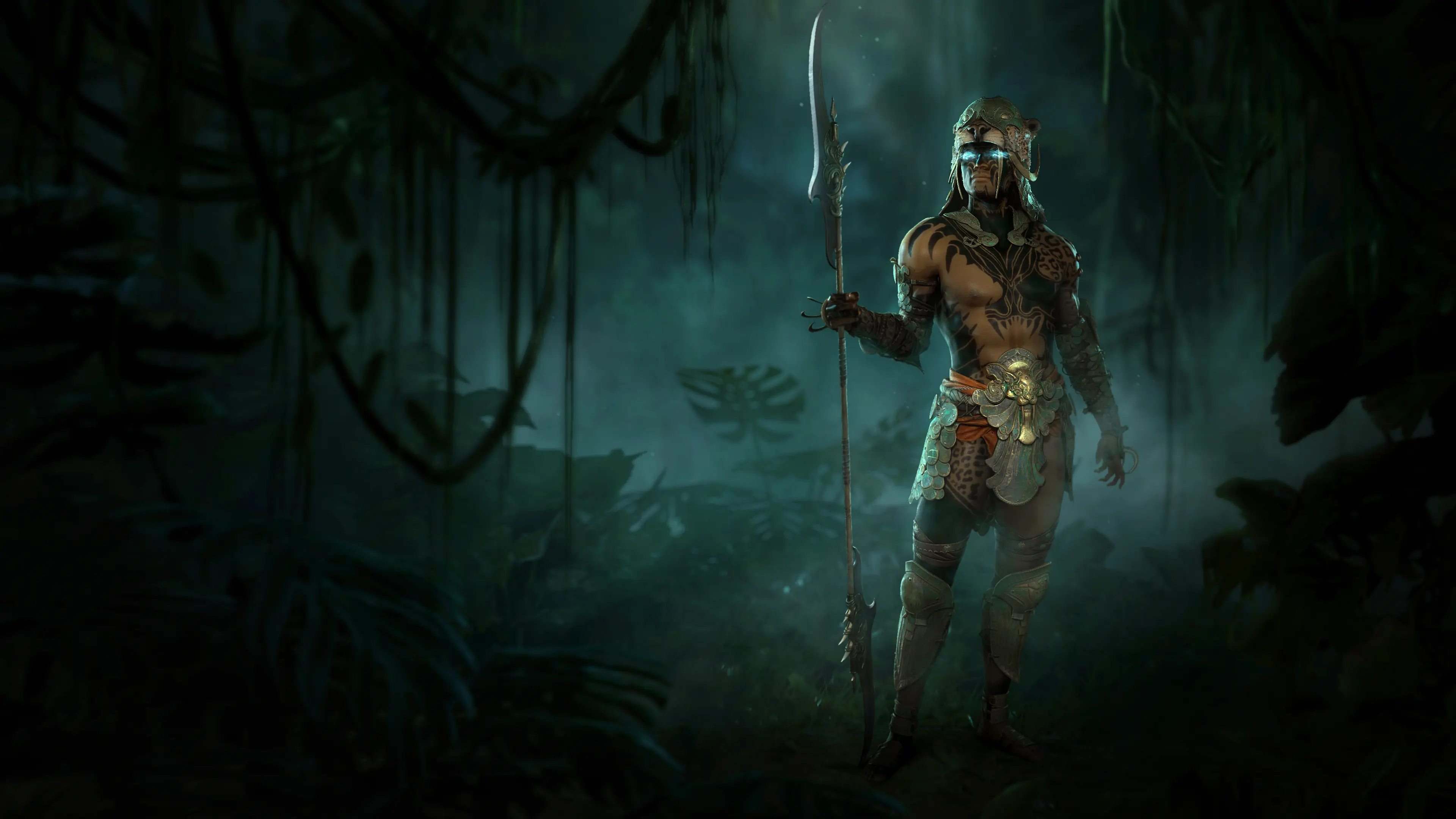 A Spiritborn from Diablo 4 stands amidst a misty jungle background