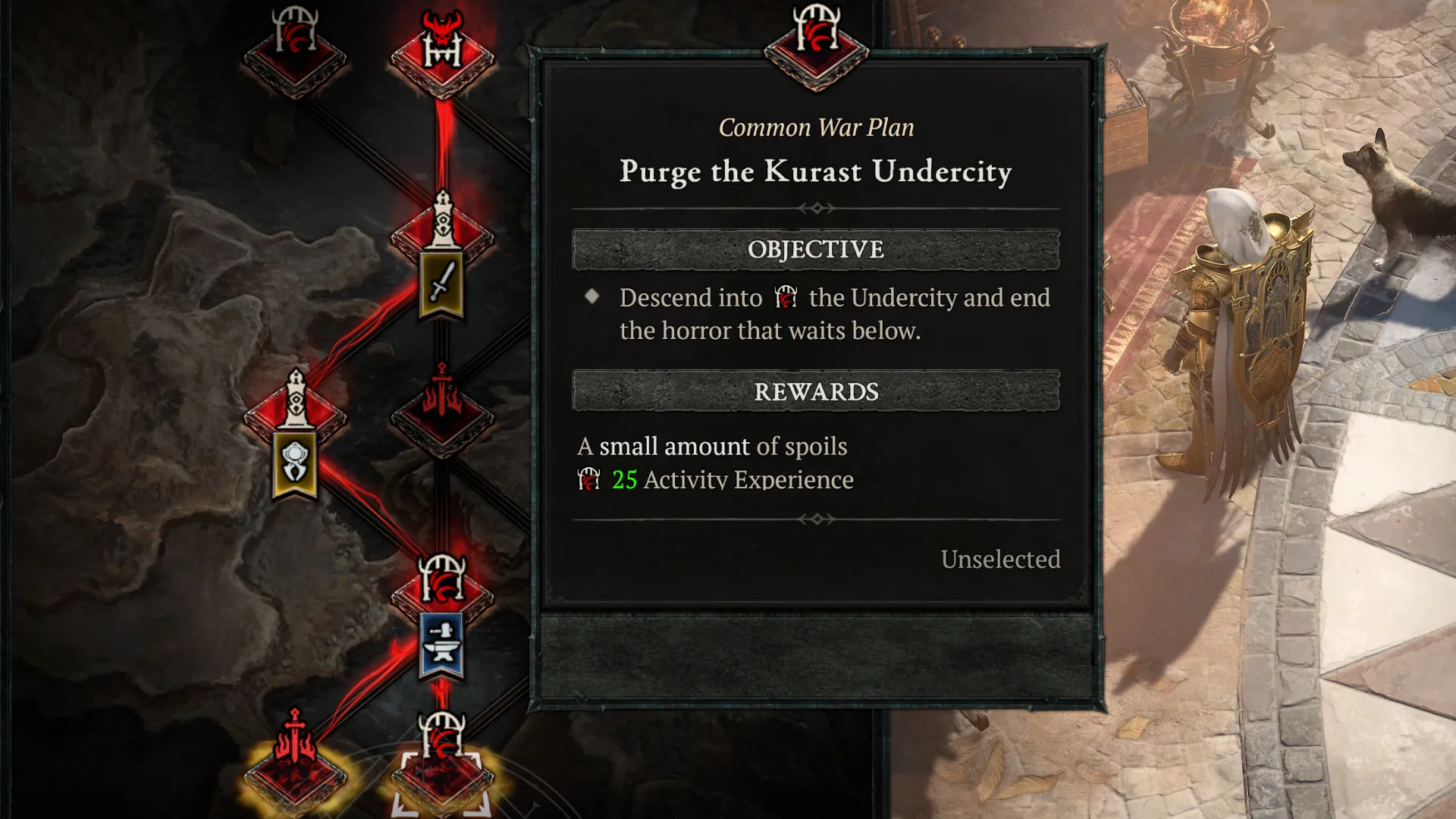 A tooltip preview of activity selection in the unit interface menu of war plans, a new endgame activitiy similar to mappin gin other ARPGs, included in Diablo 4's expansion: Lord of Hatred