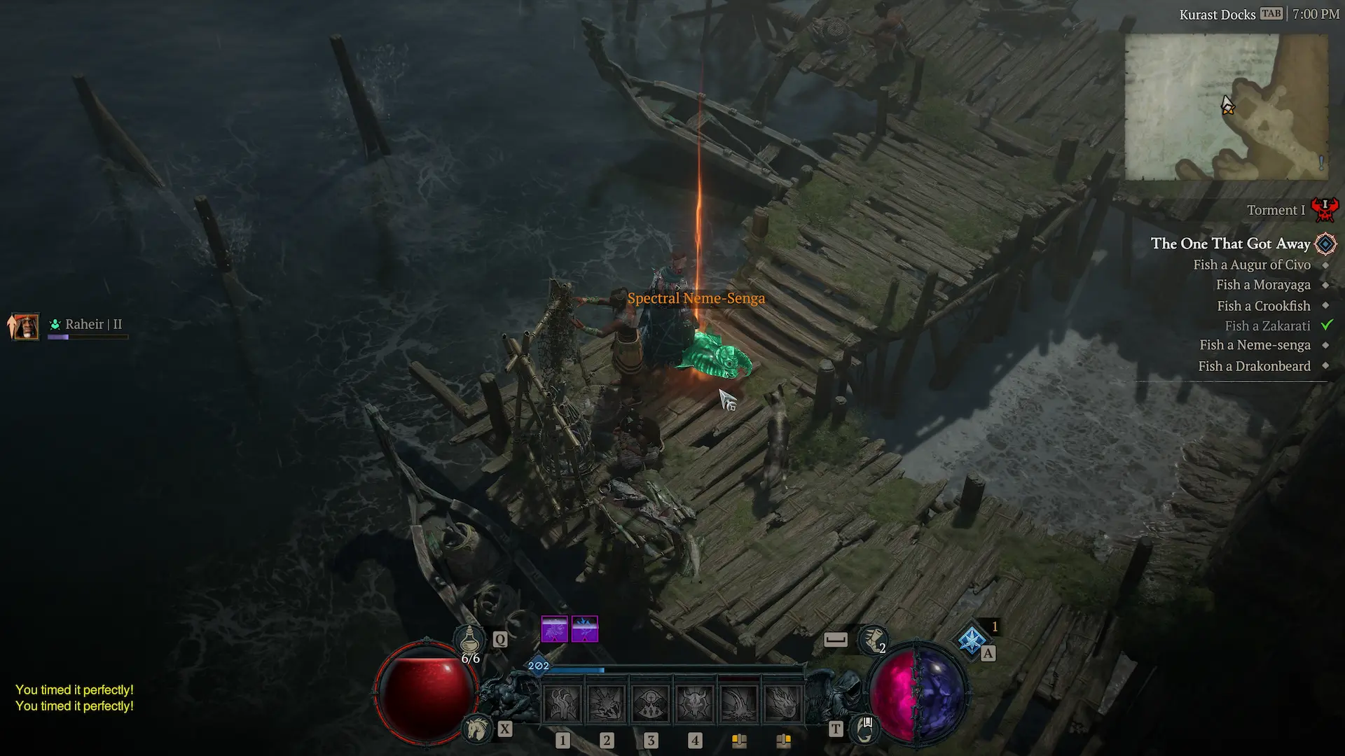 The image displays a caught fish, the Spectral Neme-Senga, which has a legendary beam/glow, and was caught at the Kurast Docks in Diablo 4: Lord of Hatred