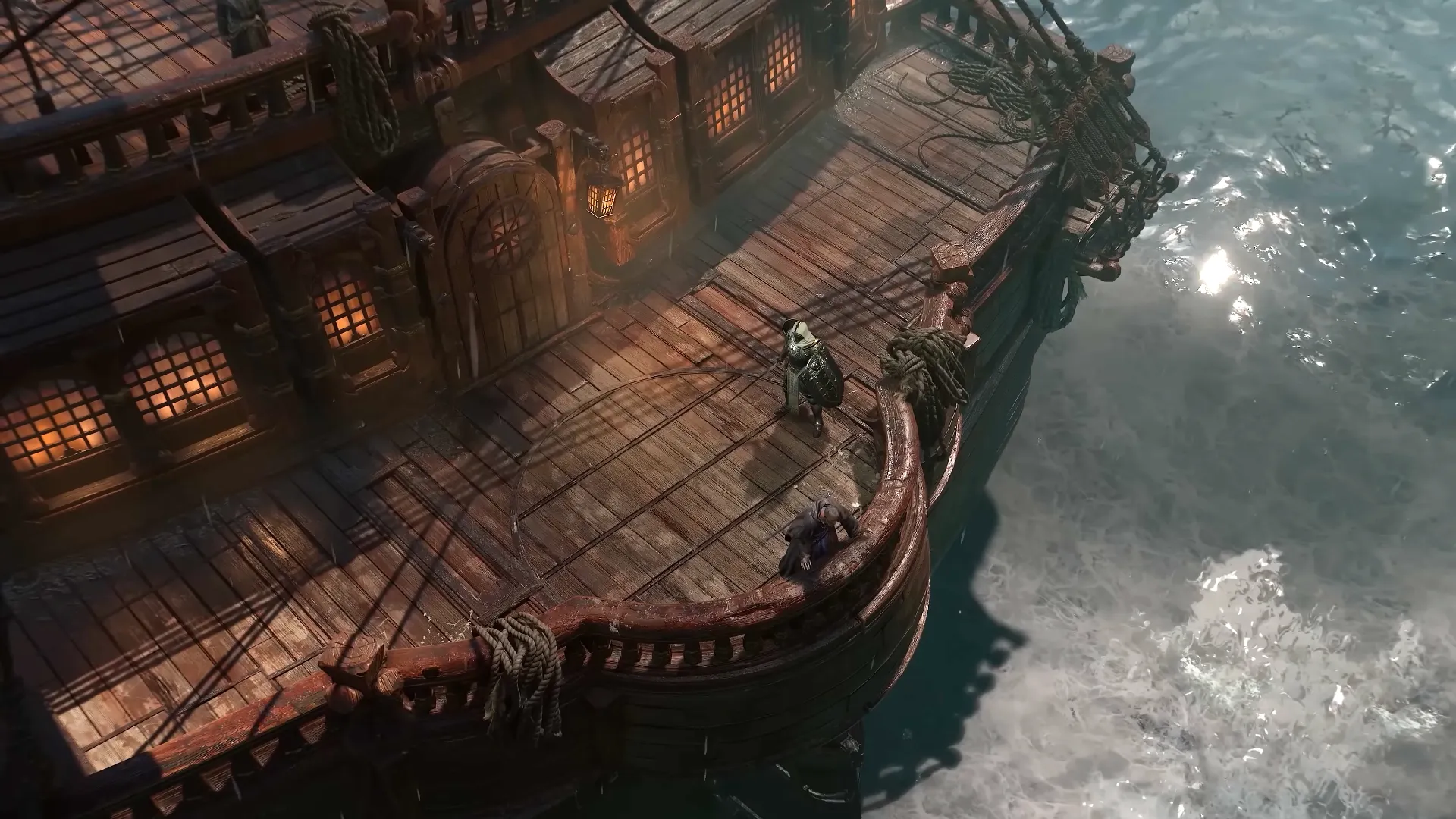 Paladin Character standing at the back of a huge ship, as seen in the preview video of the related boss fight (on said ship) in Lord of Hatred