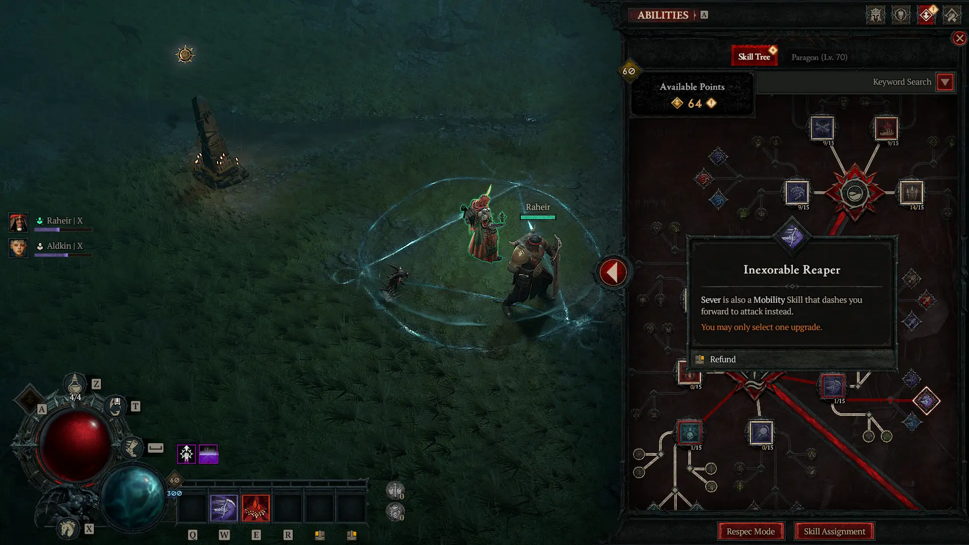 Necromancer skill tree from Diablo 4, with the Inexorable Reaper skill tree node tooltip visible.