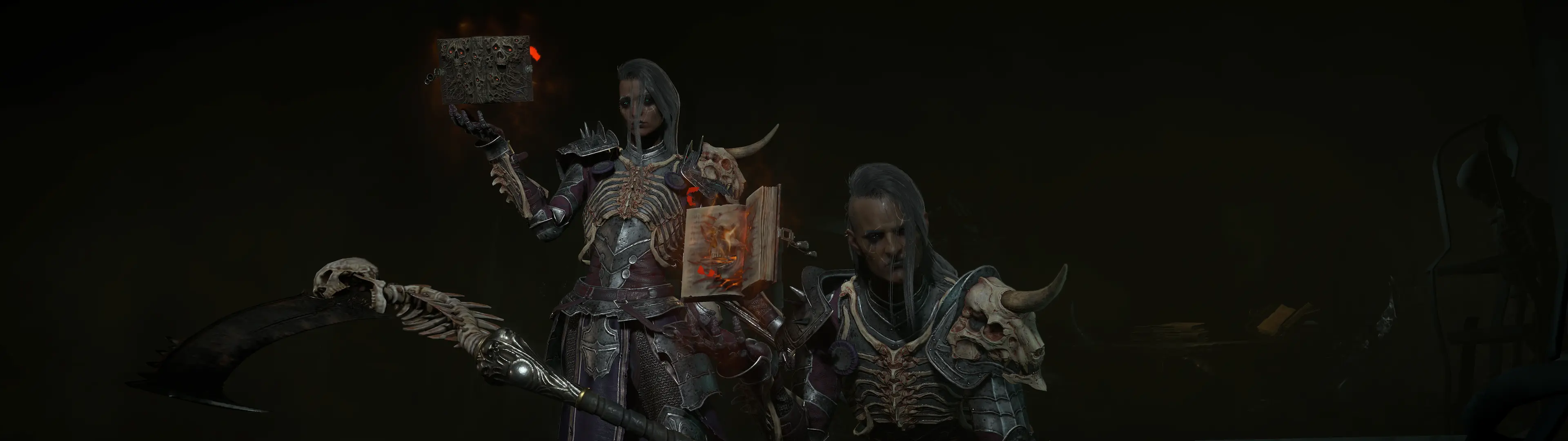 Two Diablo 4 Necromancers leant over