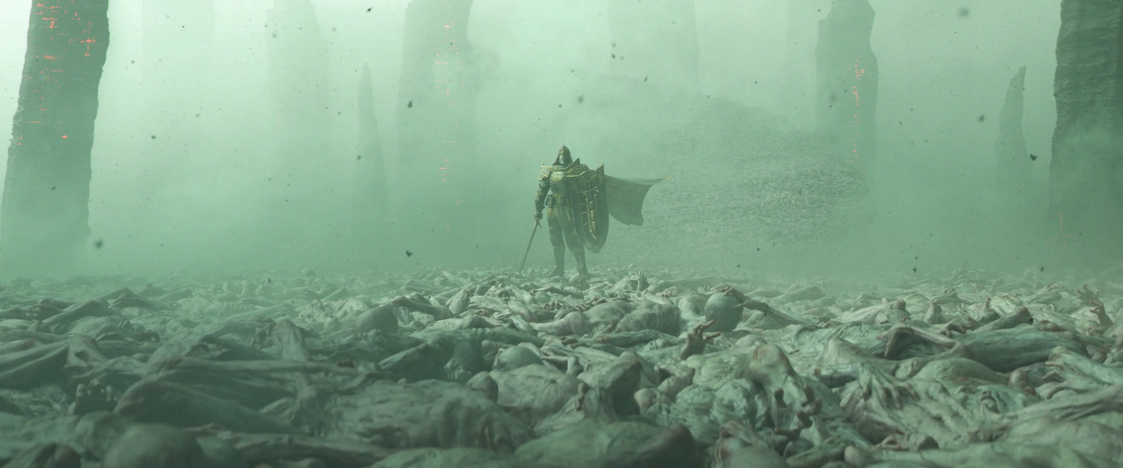 A Diablo 4 Paladin stands on an ancient battlefield