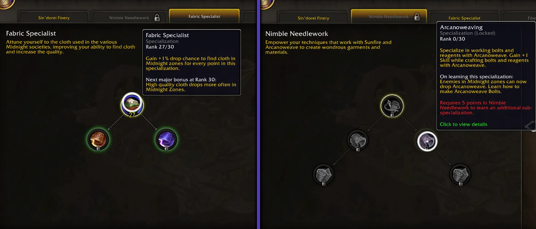 WoW Midnight Tailoring Specialization Unit Interface Menu showing tooltips for Fabric Specialist and Nible Needlework Arcanoweaving