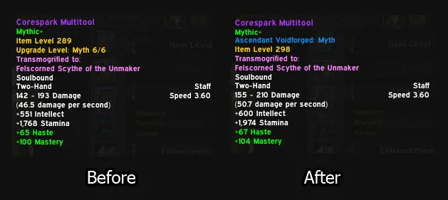 Before and After upgrading an item.