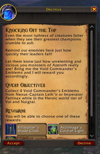 Quest rewarding Myth rewards from World Tier