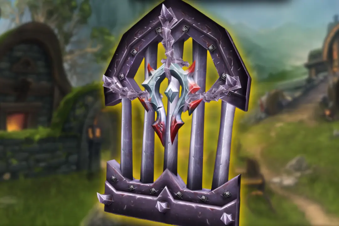 a model viewer image of the iron dragonmaw gate decor item against a backdrop of the Twin Peaks loading screen