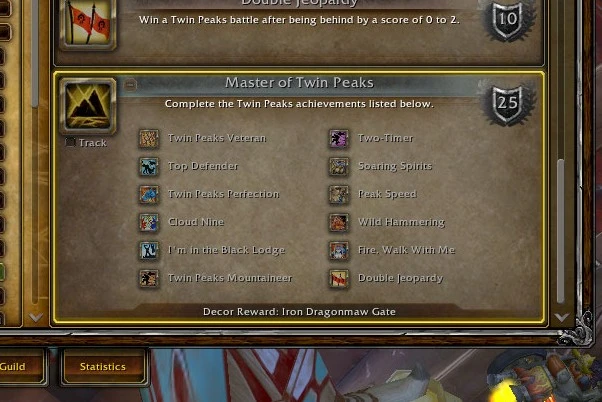 a screenshot of the master of twin peaks meta-achievement that rewards the iron dragonmaw gate