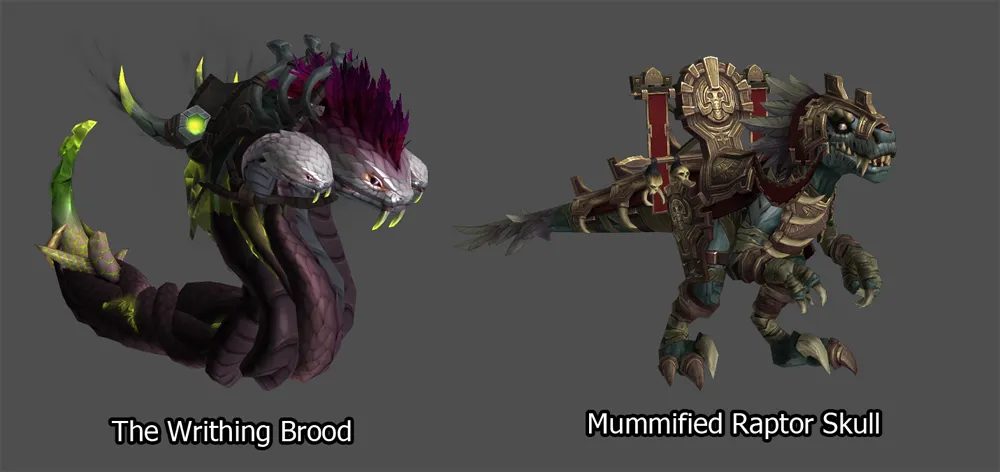 The Writhing Brood and Mummified Raptor Skull mounts.