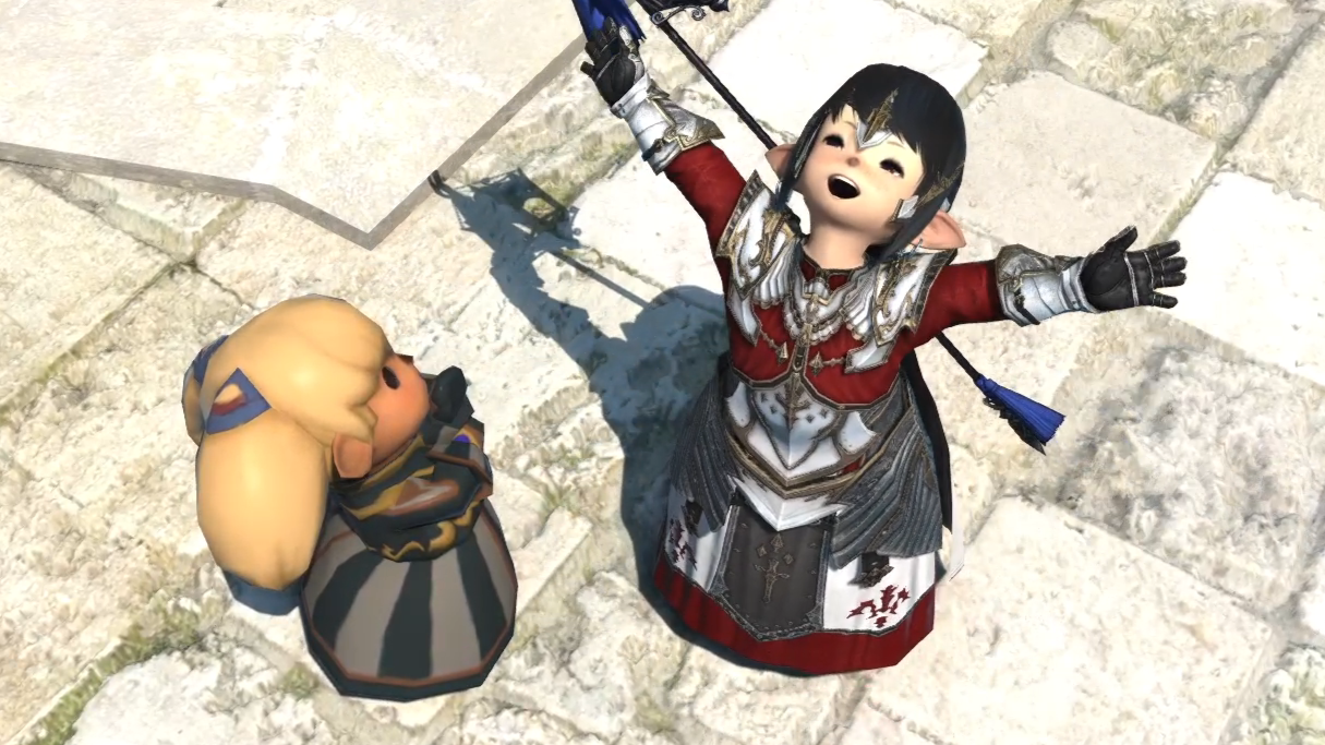 A happy Lalafell Black Mage looking up in the sky