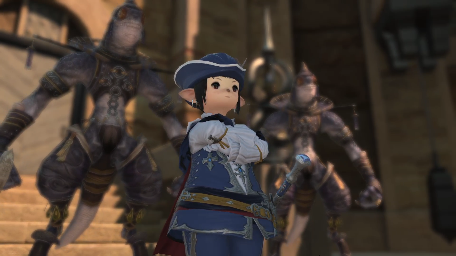A Blue Mage standing in front of two Mamool Ja
