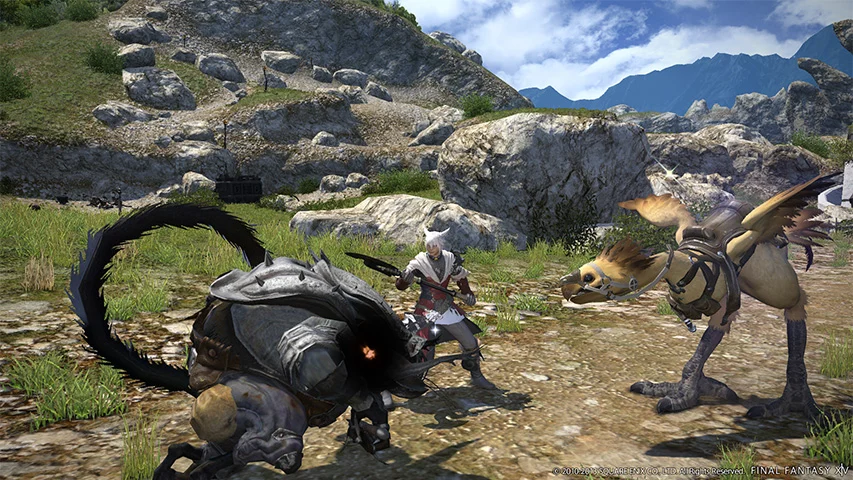 A Chocobo and its master in battle with an enemy in the overworld