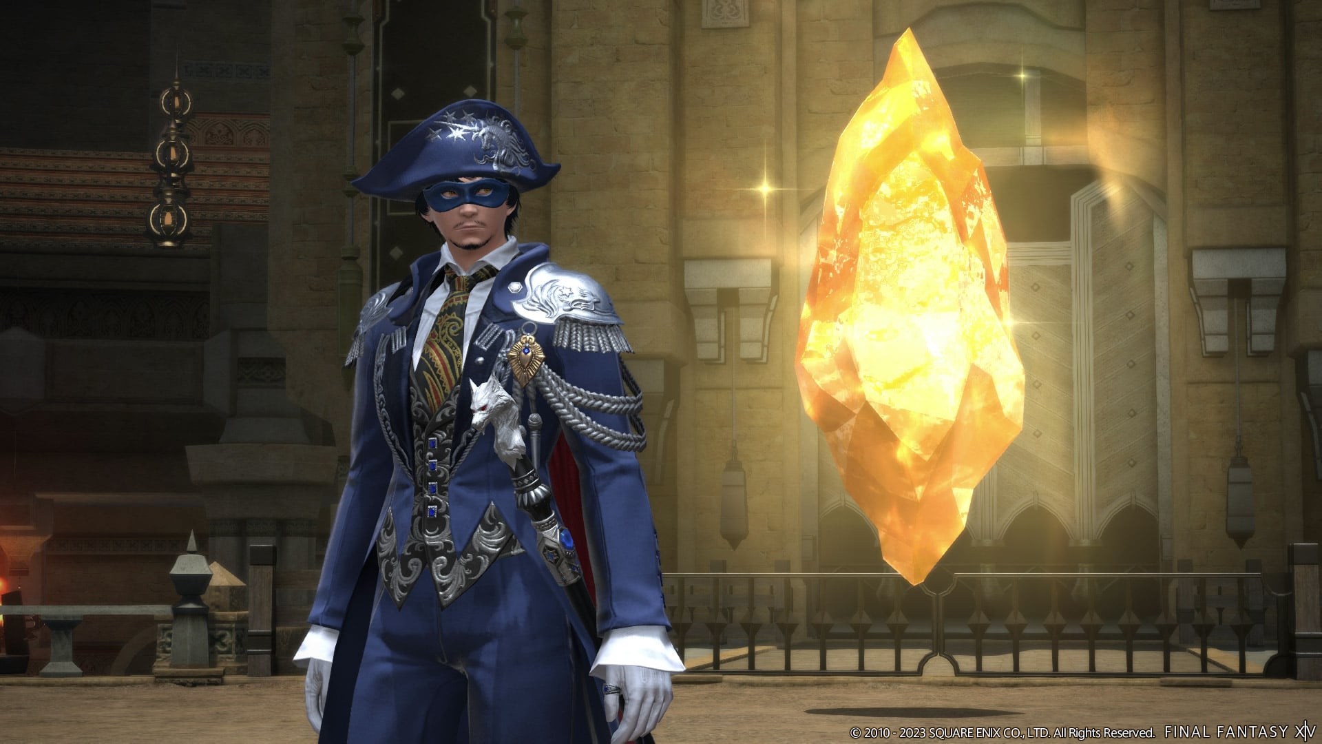 A Blue Mage looking at a crystal