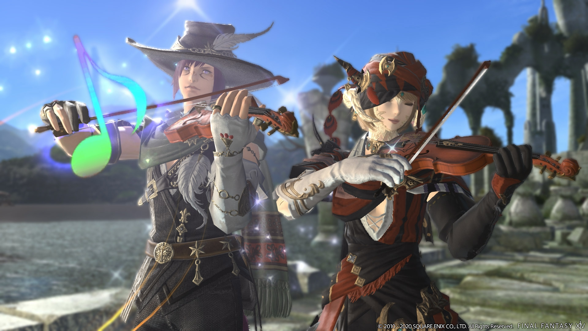 A Miqo'te and Au Ra playing their violins outside