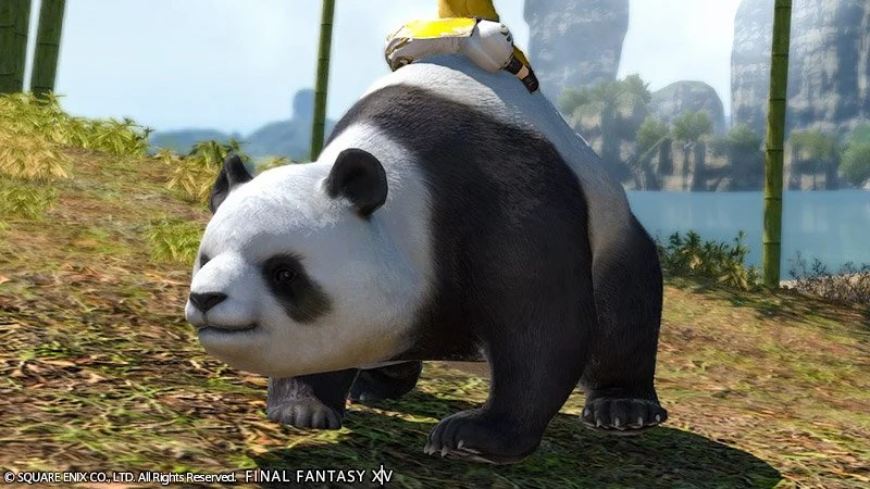 A panda being ridden through a forest