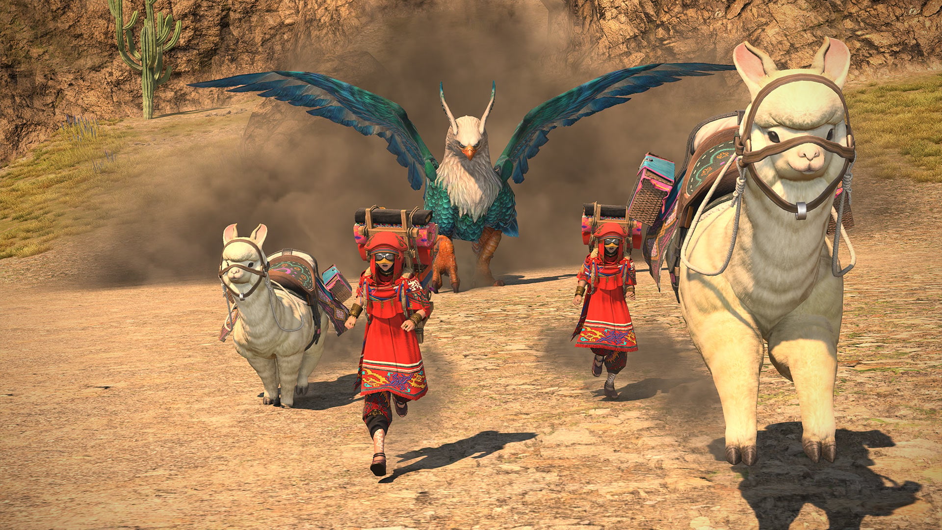 Two Pelupelu and their llamas running away from an enemy in the desert