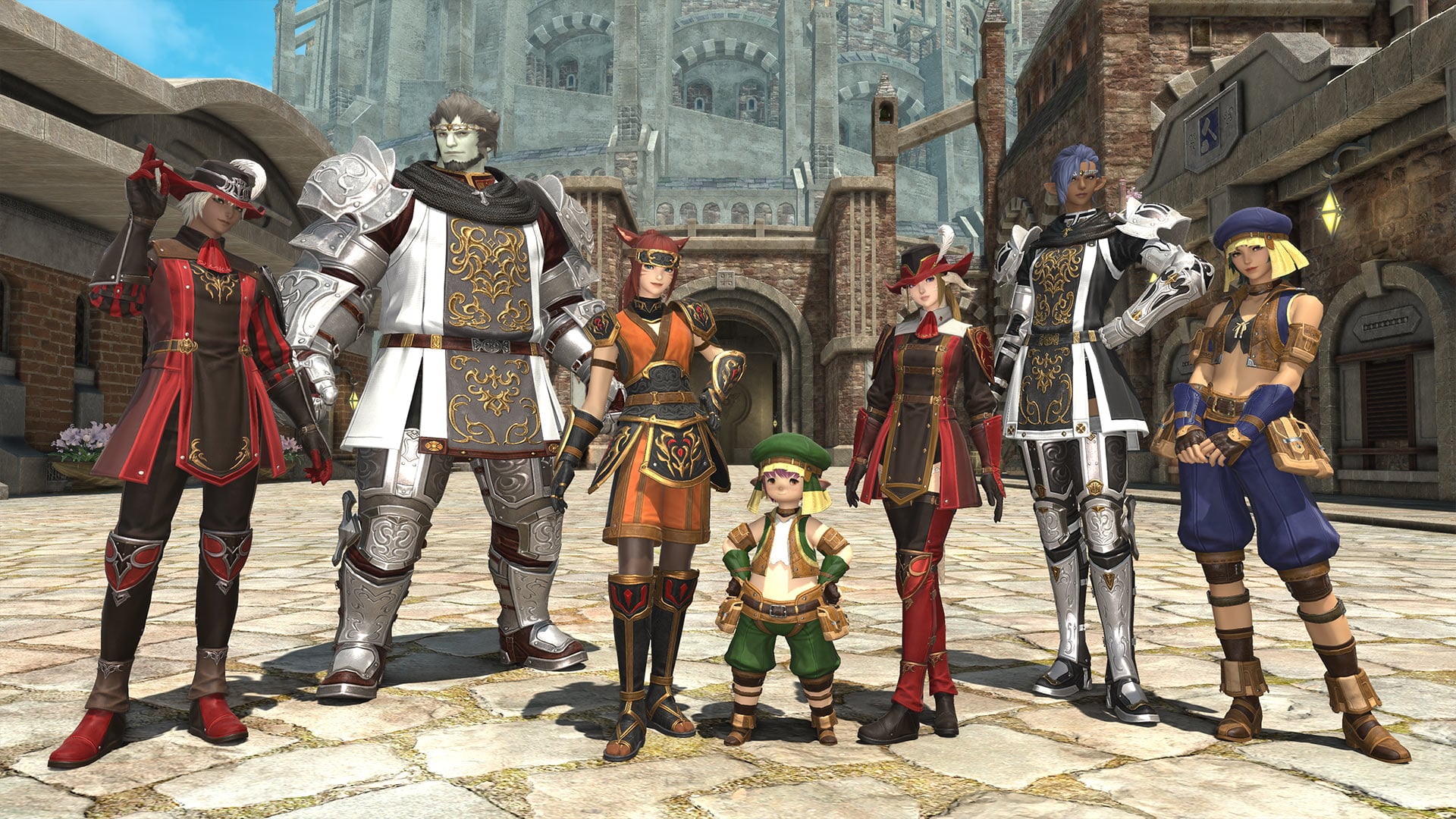 A team of various FFXIV races, including a Roegadyn, Miqo'te, and Lalafell, poses in a town