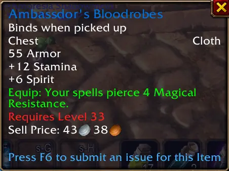 Ambassdor's Bloodrobes with Spell Pierce stats