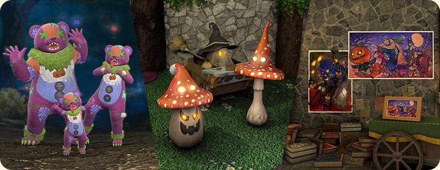 Image showing the Grisly Bear attire and various house furnishings available in this year's All Saints' Wake event