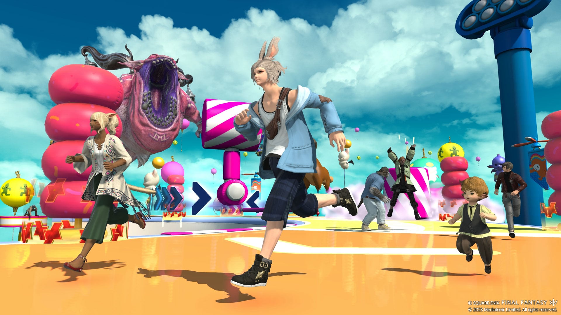 A Viera and several other Final Fantasy XIV characters running through a Fall Guys level