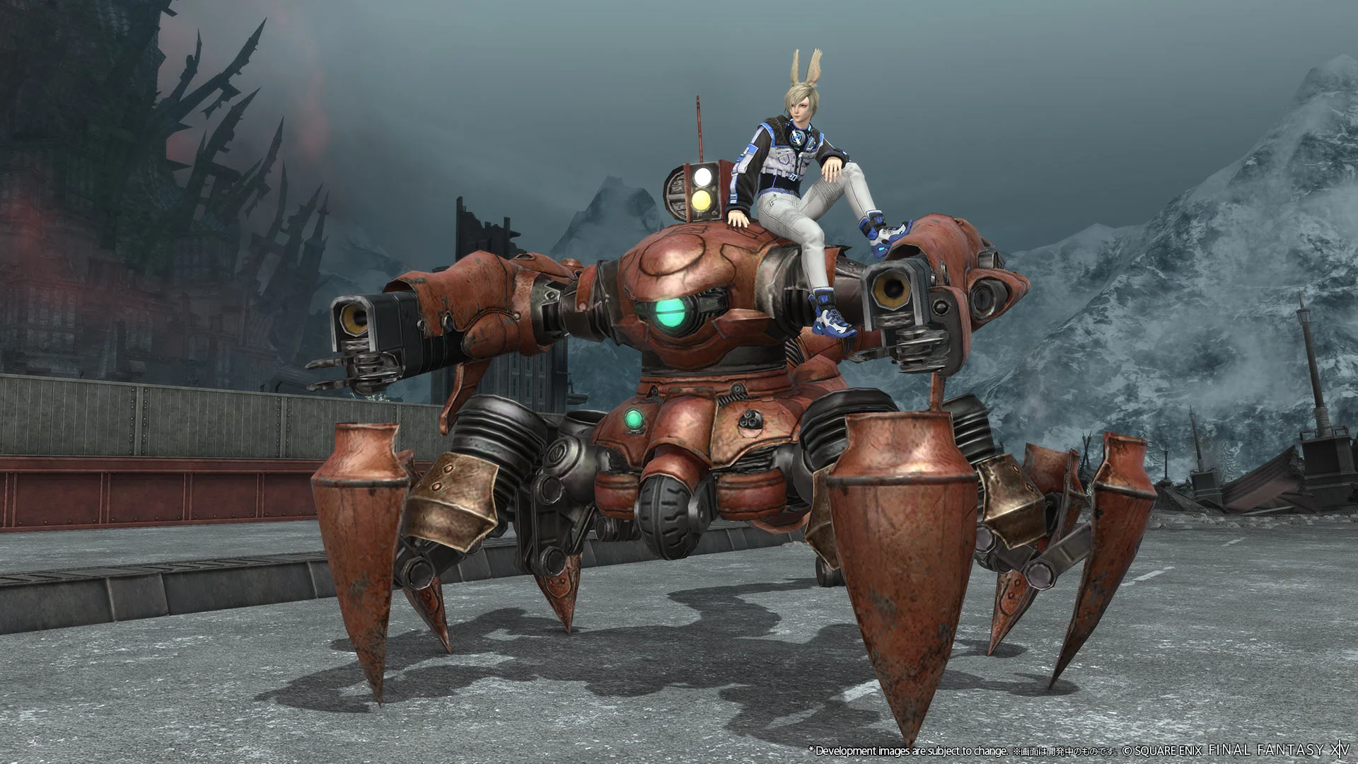 A player's character sitting on top of their Magitek Scorpion mount