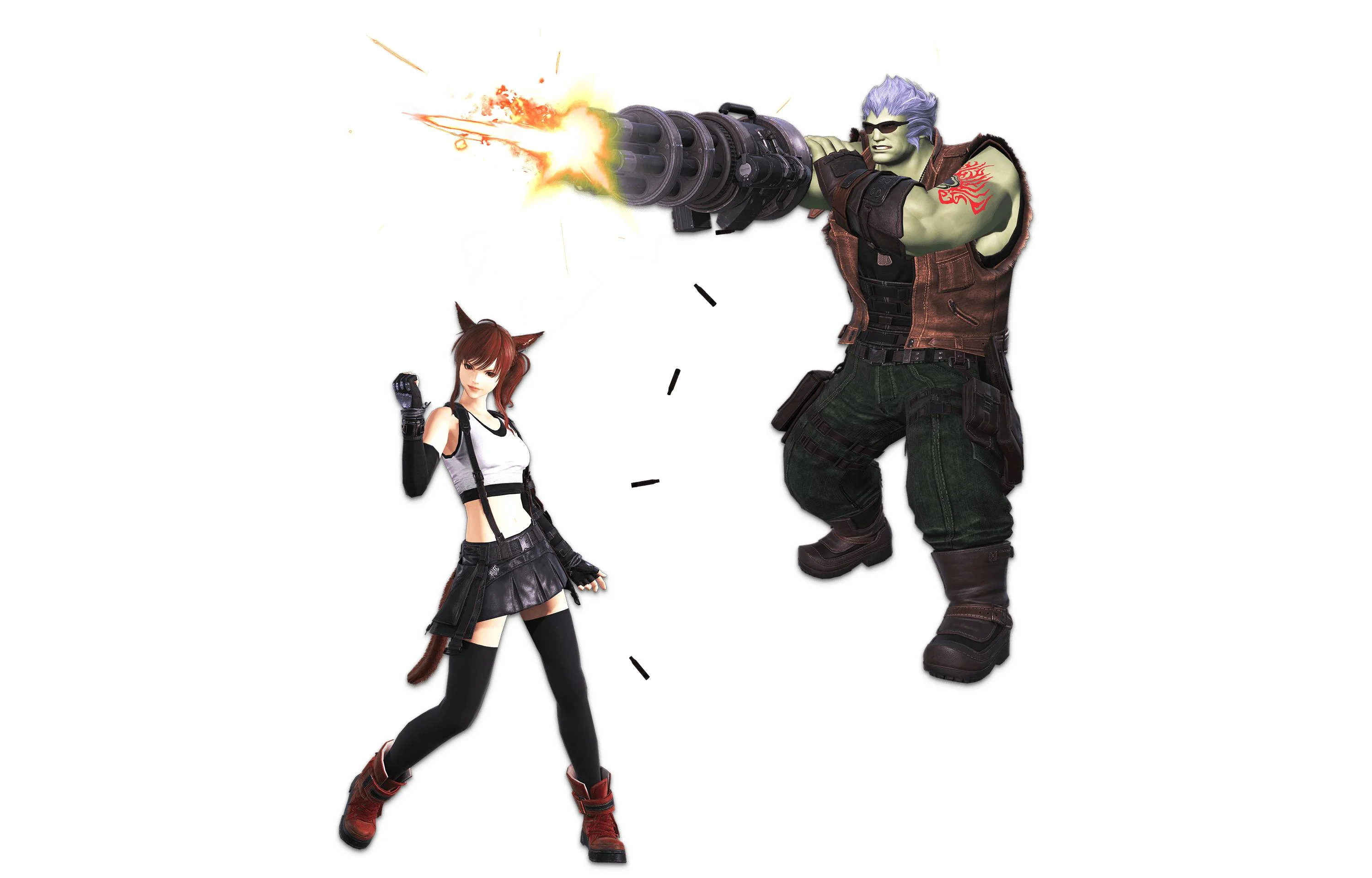 FFXIV characters wearing the Tifa and Barret attire sets