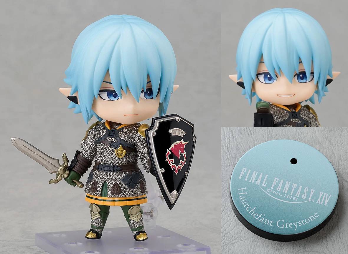 Nendoroid Haurchefant holding his sword and shield; his smiling face plate, and his special pre-order base